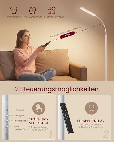 VASAGLE Stehlampe, Stehleuchte, Leselampe, 15 Watt, 141-175 cm höhenverstellbar, 360° drehbarer Schwanenhals, Timer- und Memory-Funktion, Fernbedienung, für Wohnzimmer, mattweiß LFL007WC02