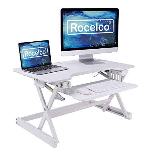 Rocelco 32' Height Adjustable Standing Desk Converter - Sit Stand Computer Workstation Riser - Dual Monitor Retractable Keyboard Tray Gas Spring Assist - Black (R EADRW)