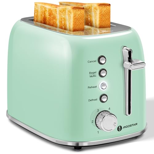 Image of Aigostar Toaster 2 Slice Retro Toaster Stainless Steel, 1.6 inch Extra Wide Slots Bread Toaster Bagel, Cancel, Defrost Function, 6 Shade Settings & Removable Crumb Tray for Bread Waffle, Aqua Green
