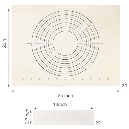 3PCS Pastry Cloth and Rolling Pin Cover Set, 1PCS 25\" X 20\" Heavy Cotton Canvas Cloth Pastry Mats with Measurement 2PCS 13\" X 2.7\" Flexible Rolling Pin Covers Sleeves for Rolling Dough Baking Bread - Thumbnail 2