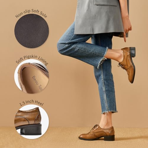 Image of BEAU TODAY Oxford Shoes for Women Leather Brogue Wingtips Dress Shoes | Calskin Upper,Pigkin Lining,Pigskin Insole,Rubber Outsole,Lightweight,Anti-slip,Wear-resistant,Breathable,Black