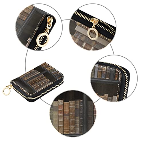 Retro Vintage Black Wood Bookshelf Old Books TextureGrey Credit Card Coin wallet, RFID Blocking Compact Women Leather Card Holder, Key Change Organizer, Zipper Purse Clutch Pouch3