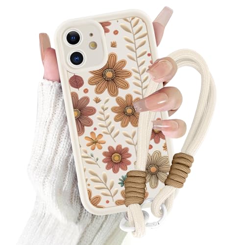 Kueqeay Handyband Handyhülle für iPhone 11 hülle 6 1 Aesthetic Blumen Weiß Muster Frauen Mädchen Design mit Kordel zum Umhängen Universelles Cover Kameraschutz Case Silikon Schutzhülle 02