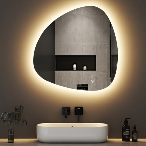 Boromal Asymmetrischer Spiegel mit Beleuchtung LED Badspiegel mit Beleuchtung 80x80cm LED Spiegel mit Licht Badezimmerspiegel mit Touch-Schalter, Dimmbar, 3 Lichtfarbe Einstellbare