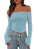 PRETTYGARDEN Fall Tops for Women 2025 Trendy Long Sleeve Crop Mesh Slim Fit Y2K Cute Shirts Going Out Off The Shoulder Top (Light Blue,Large)