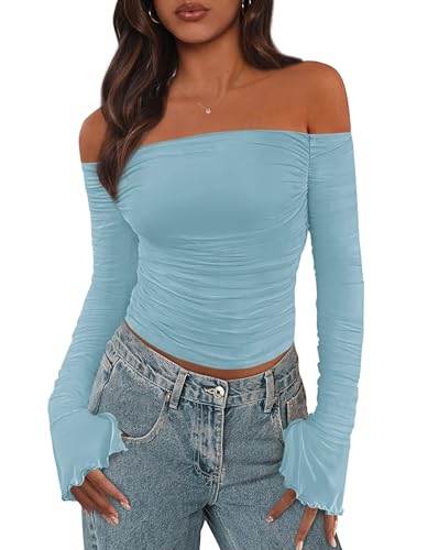 PRETTYGARDEN Fall Tops for Women 2025 Trendy Long Sleeve Crop Mesh Slim Fit Y2K Cute Shirts Going Out Off The Shoulder Top (Light Blue,Large)