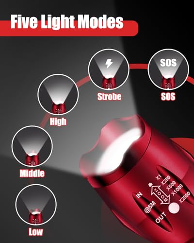 Image of Victoper LED Flashlight 2 Pack Red, Bright Tactical Torch High Lumens 5 Modes, Waterproof Zoomable Flash Light for Outdoor, Birthday Gifts for Men, Dorm Room Hiking Camping Essentials Gear for Guys