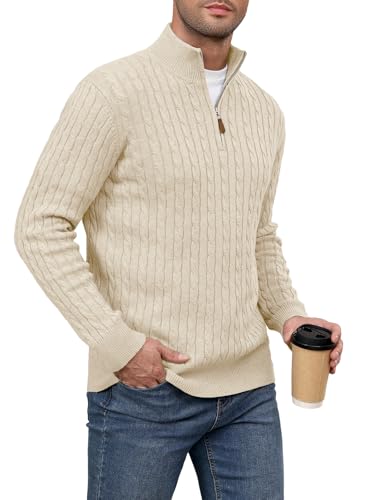 Auxo Men's Quarter Zip Sweater Casual Cable Knit...