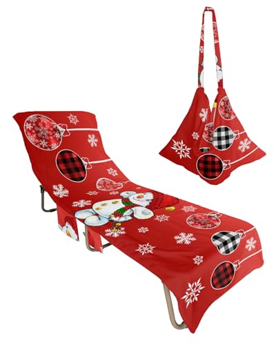 Red Snowman Beach Chair Towel Covers for Chaise Lounge with Side Pocket, Soft Plush Pool Towels Cover for Patio Sunbathing Outdoor 29''x85'' Winter Xmas Snowman Snowflake Checkered
