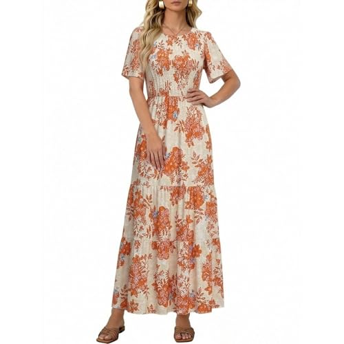 Robe midi à volants coupe trapèze fluide avec manches courtes confort