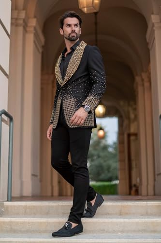 Barabas Men's Rhinestone Studded Geometric Shawl Lapel Blazer 4EBL473