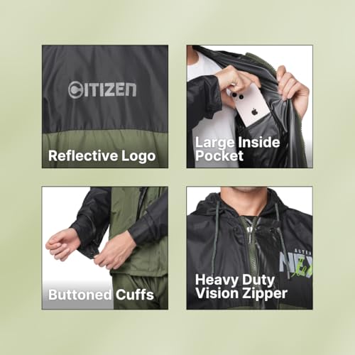 Image of Citizen Hooded Raincoat for Men Women Waterproof for Bike Riders 180T Micro Fabric Lightweight Stylish Sealed Hood, Large Pockets, Heavy-Duty Zippers Rainwear with Carry Pouch-CR012