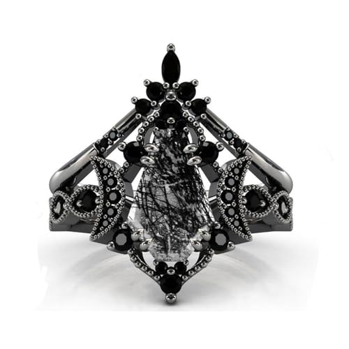 Natural Hexagon Black Rutilated Quartz Engagement Ring Set 925 Sterling Silver Rings for Her with Free Engraving Jewelry Gift for Women Black Rutilated Quartz Vintage Ring Set Size 4-15 -19