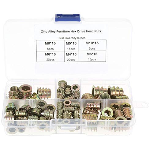80 Pièces Hex Socket Ecrou, M4/M5/M6/M8/M10 Écrous à Insérer Hexagonaux Filetés en Alliage de Zinc pour Bois - Kit d'Assemblage avec Écrous à Frapper pour Meubles