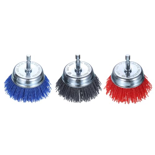 Image of HARFINGTON 3pcs Nylon Filament Wire Wheel Cup Brush for Drill, Abrasive Brushes Set with 1 /4 inch Hex Shank, 3 inch, Used for Rust /Corrosion /Paint Removal and Scrub Surface