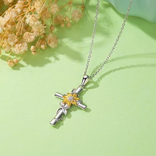 Cross Necklace for Women Sunflower Cross Necklace 925 Sterling Silver Dainty Sunshine Pendant for Women Mom Sunflower Gifts for Women2