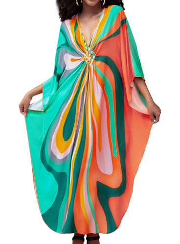 Image of Yanziliu Kaftan Dress for Women,Plus Size Hawaiian Batwing Sleeve Beach Cover Up Summer Swimsuit Dresses