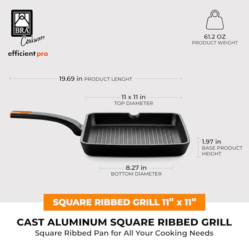 Image of BRA COOKWARE Efficient Pro Nonstick Grill Pan | 11x11 Inch Aluminum Ribbed Skillet | 3-Layer Scratch Resistant Coating Frypan | PFOA Free | All Cooktops Compatible Grilling Pan | HeatResistant Handle