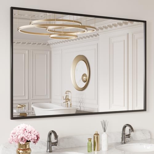 Image of LOAAO 40 inchX30 inch Black Rectangle Bathroom Mirror Wall, Matte Black Aluminum Alloy Frame, Tempered Glass, Hangs Vertically or Horizontally, Easy to Install
