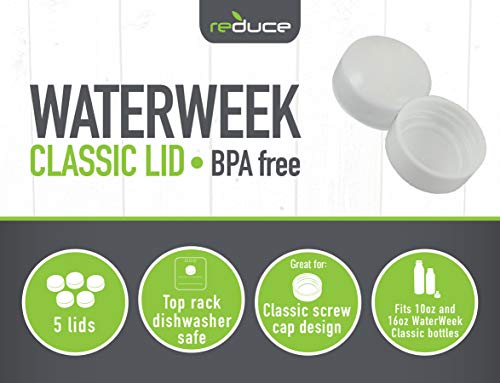 Reduce Water Bottle Replacement Screw Caps/Lids, 5 Pack - Fits 10 Oz And 16 Oz Reduce Waterweek Classic Refillable Water Bottles - Not Compatible With Clear-Body Waterweek Tritan Bottles #TOP1