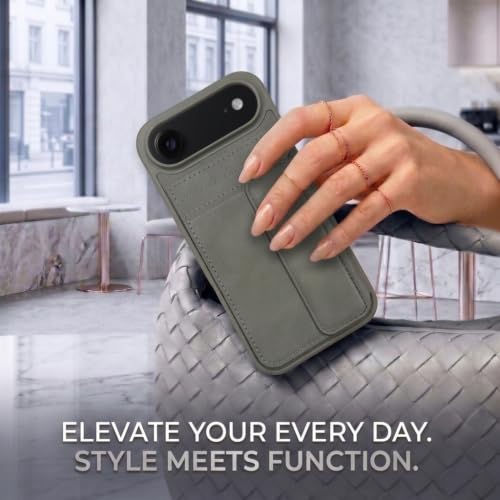 Image of amazon basics Luxury Vegan Leather Back Cover for iPhone 17 Air | Built-in Card Holder Slot | Integrated Mobile Stand | Slim Shockproof Protective Case with Stitched Finish - Gray