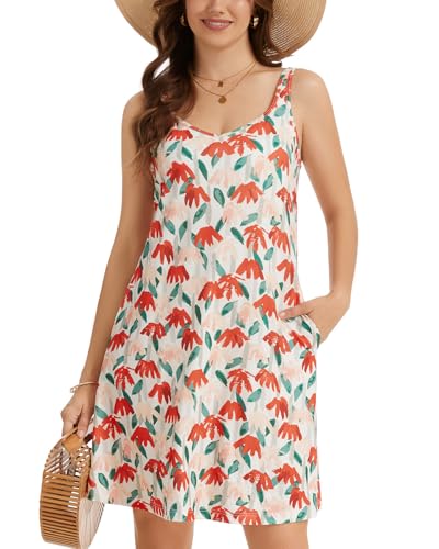Image of ANYFITTING Built in Bra Summer Dresses for Women 2025 Casual Short Dress with Pockets Mini Floral Sundresses