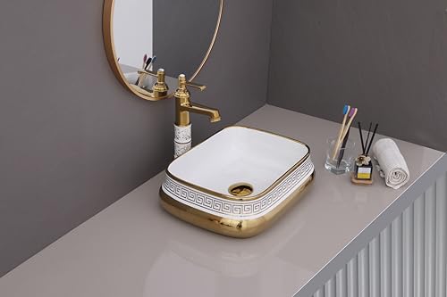 Image of LUXART Luxury Ceramic Vessel Sink | Premium Golden Greek Key Pattern | 18 x 14 x 5 IN Tabletop Countertop Wash Basin for Bathroom, Vanity & Hotel