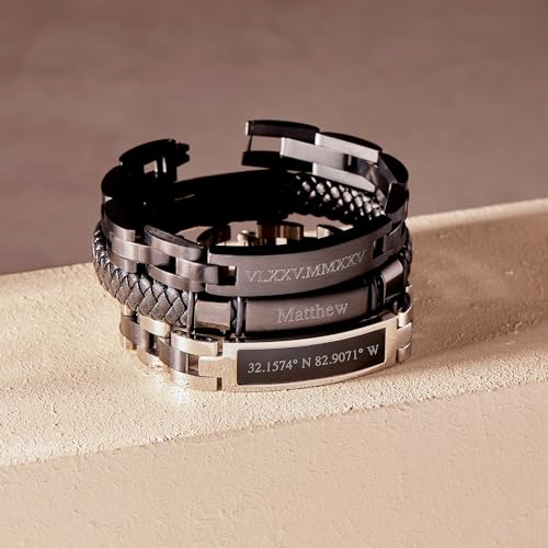 Pulsera personalizada de cuero negro para hombre miniatura 5
