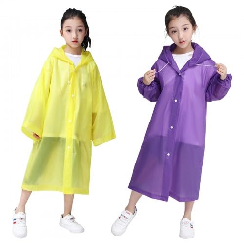 2 Pièces Poncho Pluie Enfant, Imperméable avec Espace Sac à Dos, Cape de Pluie avec Capuche et Manches, Poncho pour Enfants, Jaune et Violet