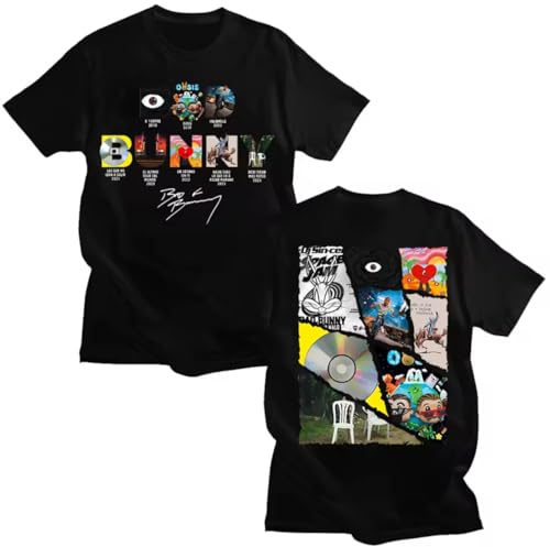 Camiseta Bad Bunny, Diseño Gráfico Musical, Manga Corta, Estampado Doble Cara, Albun Bad Bunny el Conejo Malo (FR/ES, Letras, XL, Regular, Regular, Negro)