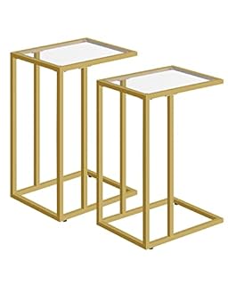 HOOBRO Set of 2 C-Shaped Side Table, Narrow Gold Glass Bedside Table, Under Sofa Tables Small Table with Metal Frame, Coffee Tables for Living Room, Gold EGD03SFP201