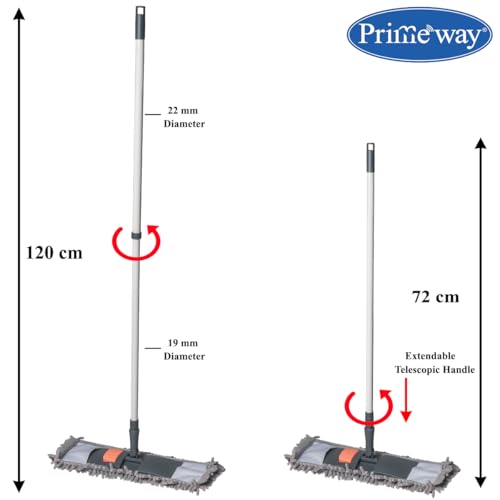 Image of Primeway Chenille Microfibre Flat Mop | All Floor Surfaces Cleaning | Wet & Dry | Rotating Mop Head 43x14cm | Long Extendable Telescopic Iron Handle | 72~120cm | Gray