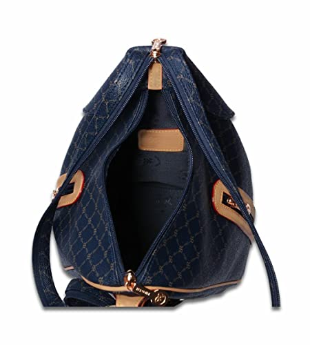 Rioni STA-20082 Designer Signature Navy Blue Canvas Leather Backpack With Zipper Strap4