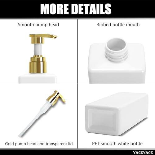 YACEYACE White With Gold Pump Shampoo Bottles Set of 3, 500ml Refillable Shower Dispenser, Rectangular Plastic Bottles with Pump, Glass & Metal Free by YACEYACE - Image 4
