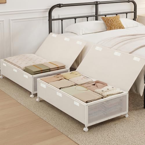 Image of 2 Pack Under the Bed Storage Containers,10 inch Height Under Bed Shoe Storage,31inch Long Underbed Storage with Wheels,Large Rolling under bed Clothes Storage Drawers with Lid for Dorm Tall ,Ivory