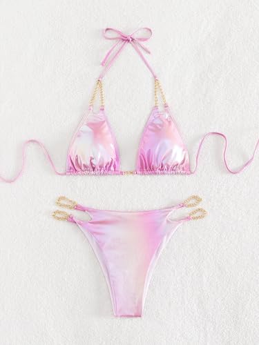 Women's 2 Piece Metallic Cut Out Bathing Suit Halter Triangle Bikini Swimsuit
