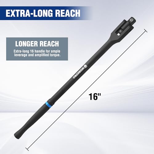 Image of WORKPRO 16-inch Dual Drive Breaker Bar, 3 /8 inch & 1 /2 inch Drive, Heavy Duty Breaker Bars with 360 Flex Head, Spring-loaded Detent Ball, CR-MO Head, Premium Chrome Vanadium Steel with Black Phosphate Finish