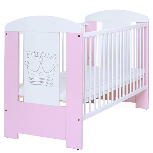 LCP Kids Lit Bebe 120x60 avec Matelas, 3 Niveaux du Sommier, 3 Barreaux Amoviable, Rose Blanc