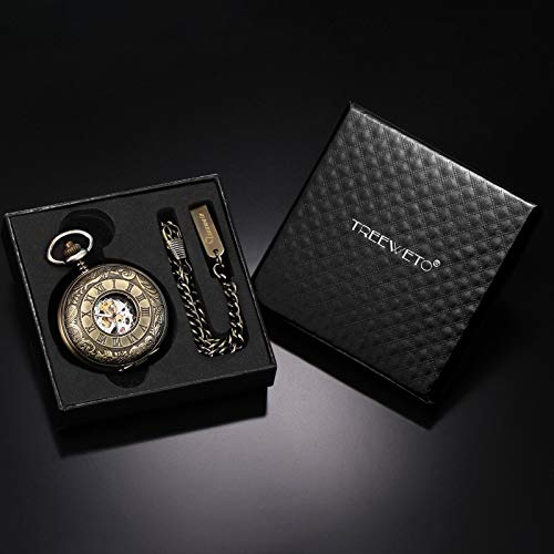 Image of TREEWETO Men's Mechanical Skeleton Pocket Watch for Mens Women Blue Roman Numerals Dial Double Case Pocket Watches