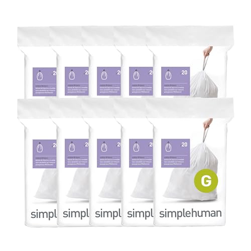 simplehuman Code G 200 Count Custom Fit Liners Drawstring Kitchen Trash Bags One-by-One Mess-Free Dispense Extra Thick & Double Seamed 50% PCR Plastic 30 Liter / 8 Gallon White