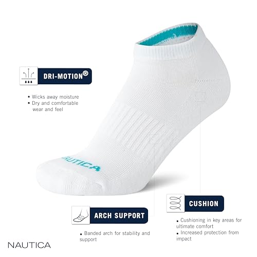 Image of Nautica Womens No Show Socks Moisture Wicking Low Cut Ankle Socks, 12 Pack | Moisture Wicking Dri-Motion Fabric, Cushioned Key Areas, Banded Arch Support, No Show Low Cut, Shoe Size 4-10