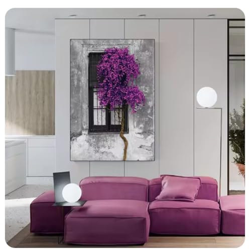 Toile arbre violet devant la fenêtre pour habiller un mur vide et illuminer votre salon 40x60