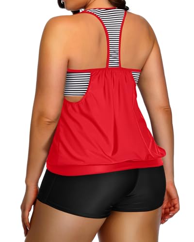 Image of Womens Plus Size Tankini Swimsuit Two Piece Tummy Control Bathing Suit | Blouson Racerback Tankini Top with Shorts, Double Up Design, Removable Pad