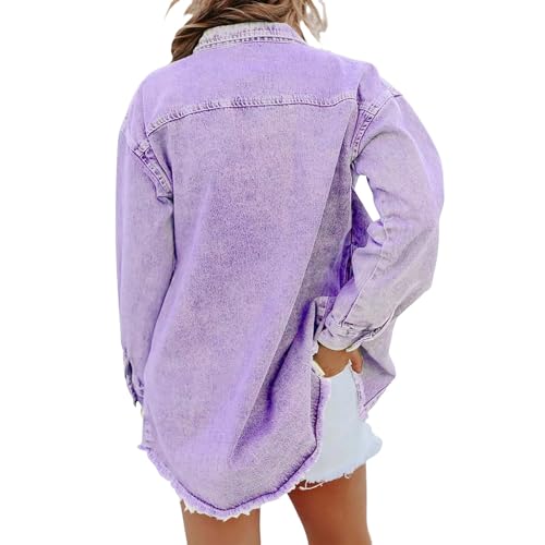 Jean Jacket for Women Oversized Boyfriend Denim Jacket Button Up Frayed Hem Shacket Distressed Ripped Denim Jackets3