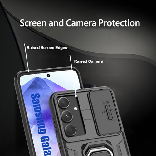 for Samsung A55 Case,Samsung Galaxy A55 Case with [Sliding Camera Cover][360° Rotate Ring Kickstand] Heavy Duty Protective Shockproof Phone Case for Samsung A55 Cover,Black