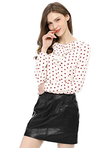 Allegra K Women's Ruffle Neck Long Sleeve Vintage Polka Dots Tunics Blouse Shirt L White Red