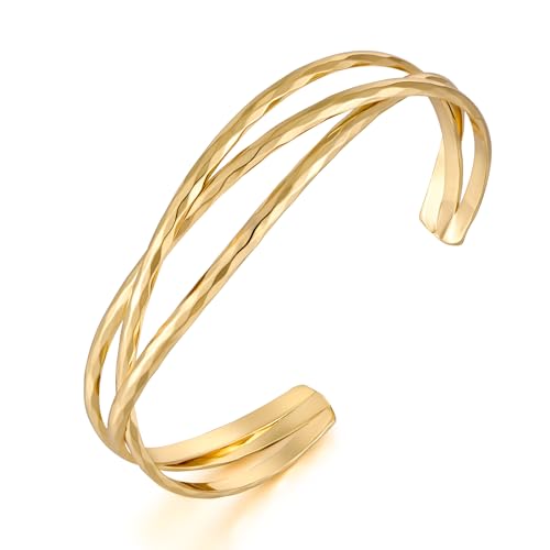 Chunky 14k Gold Cuff Bracelets for Women - Non Tarnish Teardrop Bangle Multi-layer Cross Wire Open Bracelets