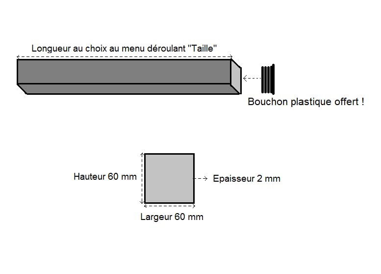 LeMétal – Tube carré acier galvanisé 60x60x2 mm (130 cms) - Longueur au choix de 50 à 300 cms - Bouchon plastique offert !