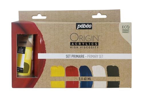 Image of Pebeo Origin Acrylics Primary Set 5 x 60 ml Eco-Designed Acrylic Paint Matt Finish 100% Recycled Binding Material 96% European Raw Materials Yellow, Red, Cyan, White, Black