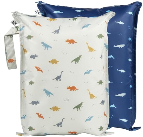Image of Tiny Twinkle Mess-proof Waterproof Wet Dry Bag | 2 Pack Reusable for Swimsuits, Gym & Baby Clothes | Leakproof Wet Clothes Bag, Beach Travel Essentials (Dinosaur, Ocean Life)